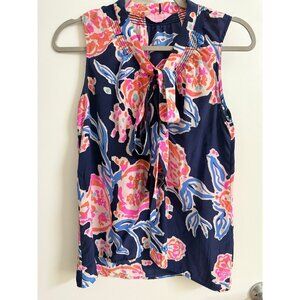 Lilly Pulitzer Dahlia Silk Top in Navy Bright Pom Pom Print